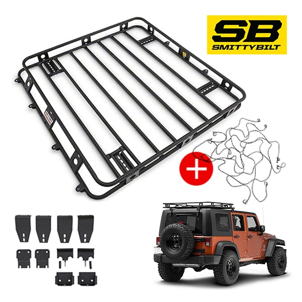 [Smittybilt 正規品] スミッティビルト ジープ JK ラングラーアンリミテッド 4ドア用 ディフェンダーラック + カーゴネット ブラックパウダーコート ルーフラック ブラケット一式セット 45454 個人宅配送可