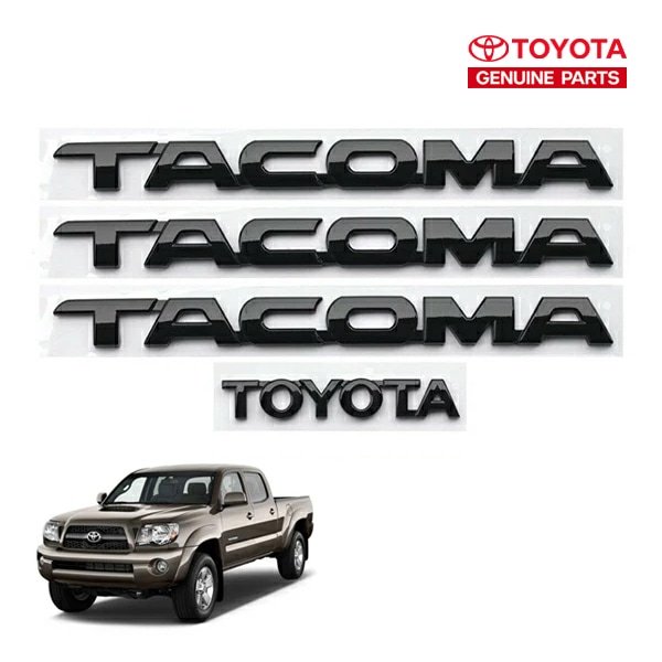 USトヨタ純正 TOYOTA 05-16y タコマ フロントドア左右+リア エンブレム 4個セット TACOMAロゴ TOYOTAロゴ 艶ありブラック 両面テープ リアゲート テールゲート US仕様 北米仕様 USDM