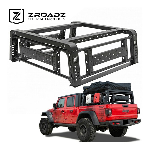 【ZROADZ 正規品】ジローズ アクセスオーバーランドラック 3リフティングサイドゲート LEDキューブライト付 ジープ JT グラディエーター トレイルレールカーゴシステム無車用  ROTOPAX/Hi-Lift固定可 Z834201