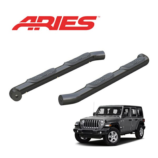 【ARIES 正規品】 スチール サイドステップ ラウンド サイドバー 3インチ チューブステップ グロスブラック 艶有り 18y- ジープ JEEP JL ラングラー 4ドア アンリミテッド