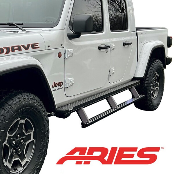 【ARIES 正規品】ジープ JT グラディエーター リトラクタブル パワー ランニングボード 電動 サイドステップ パワーステップ 電動格納 パウダーコーティング LEDライト付 3025179-3025175
