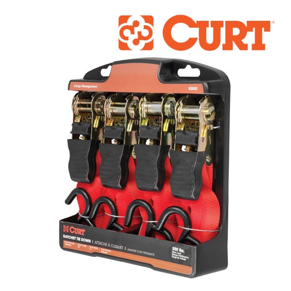 【CURT 正規品】 ラチェット式 Sフック付ストラップ 4本セット ラッシングベルト レッド 83002 16インチ 約40cm 負荷限界:500lbs 約226kg 新品時破断強度:1500lbs 約680kg