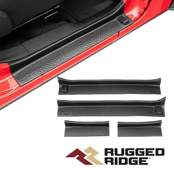 【RUGGED RIDGE 正規品】 ジープ JL ラングラー 4ドア | JT グラディエーター ドアシルプロテクター スカッフプレート ロゴ入 フロント リア 左右分 4枚セット ドアシルプレート ドアシルガード モール 保護 ラギッドリッジ