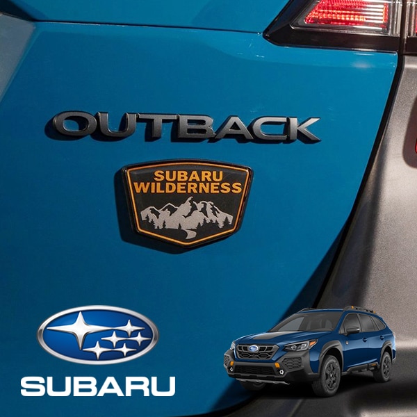 USスバル純正 OUTBACK + WILDERNESS ウィルダネス リアエンブレム  ゲートエンブレム 2個セット 両面テープ スバル レガシィ アウトバック BT系