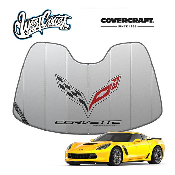 【West Coast Customs 正規品】専用設計 CoverCraft製 CORVETTE クロスフラッグ ロゴ入 サンシェード シルバー 吸盤不要 折りたたみ式  シボレー C7 コルベット クーペ/コンバーチブル カバークラフト ウエストコーストカスタムズ別注 ライセンス品 