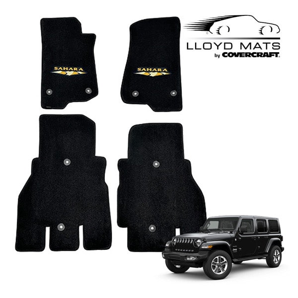 【LLOYD MAT 正規品】Ultimatタイプ フロアマット カーペット ブラック フロント&セカンドシート 1台分 4枚セット SAHARA ロゴ入 フック穴有り ジープ JL ラングラー 4ドア 左ハンドル/右ハンドル共通 ロイドマット