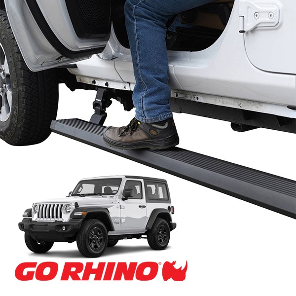 【GO RHINO 正規品】ジープ JL ラングラー 2ドア E1 エレクトリック 電動 サイドステップ パワーステップ 電動格納 パワーランニングボード プロテクティブBDコート 20492752T アルミ製 LEDライト付 ツインモーター採用