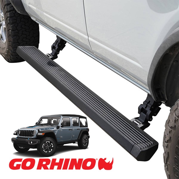 【GO RHINO 正規品】ジープ JL ラングラー 4ドア E1 エレクトリック 電動 サイドステップ パワーステップ 電動格納 パワーランニングボード プロテクティブBDコート 20450674T アルミ製 LEDライト付 ツインモーター採用