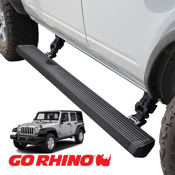 【GO RHINO 正規品】ジープ JK ラングラー 4ドア E1 エレクトリック 電動 サイドステップ パワーステップ 電動格納 パワーランニングボード プロテクティブBDコート 20450572T アルミ製 LEDライト付 ツインモーター採用