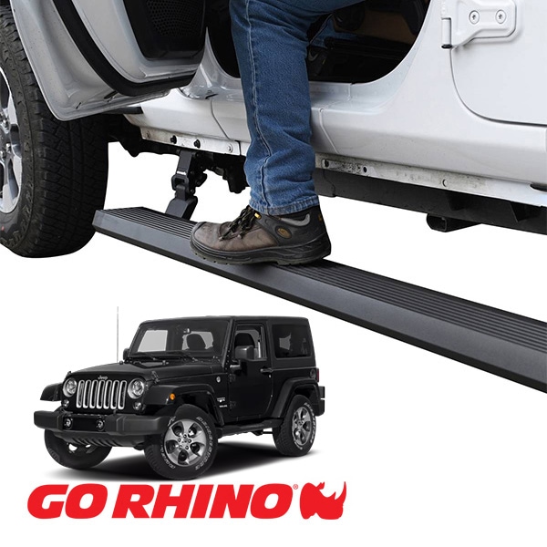 【GO RHINO 正規品】ジープ JK ラングラー 2ドア E1 エレクトリック 電動 サイドステップ パワーステップ 電動格納 パワーランニングボード プロテクティブBDコート 20492652T アルミ製 LEDライト付 ツインモーター採用