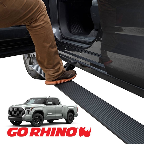 【GO RHINO 正規品】22y- トヨタ タンドラ ダブルキャブ E1 エレクトリック 電動 サイドステップ パワーステップ 電動格納 パワーランニングボード プロテクティブBDコート20443580T アルミ製 LEDライト付 ツインモーター採用