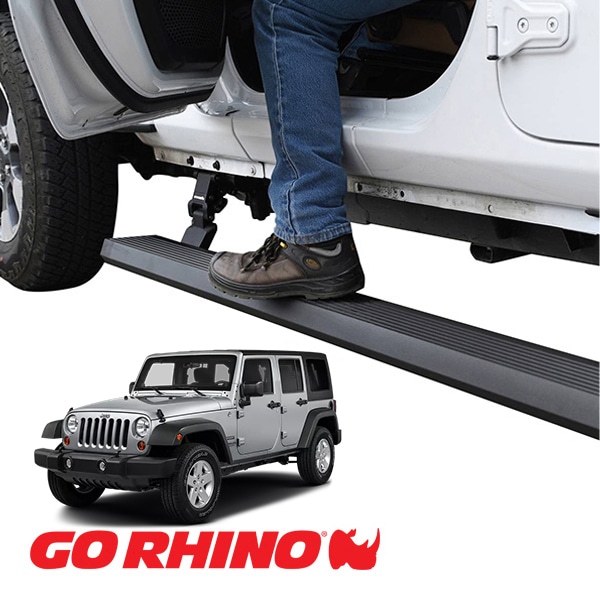 【GO RHINO 正規品】ジープ JK ラングラー 4ドア E1 エレクトリック 電動 サイドステップ パワーステップ 電動格納 パワーランニングボード テクスチャーブラック 20450572PC アルミ製 LEDライト付 ツインモーター採用