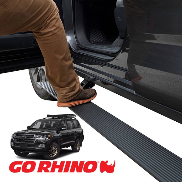 【GO RHINO 正規品】トヨタ ランドクルーザー200 ランクル 200系 E1 エレクトリック 電動 サイドステップ パワーステップ 電動格納 パワーランニングボード テクスチャーブラック 20442987PC アルミ製 LEDライト付 ツインモーター採用