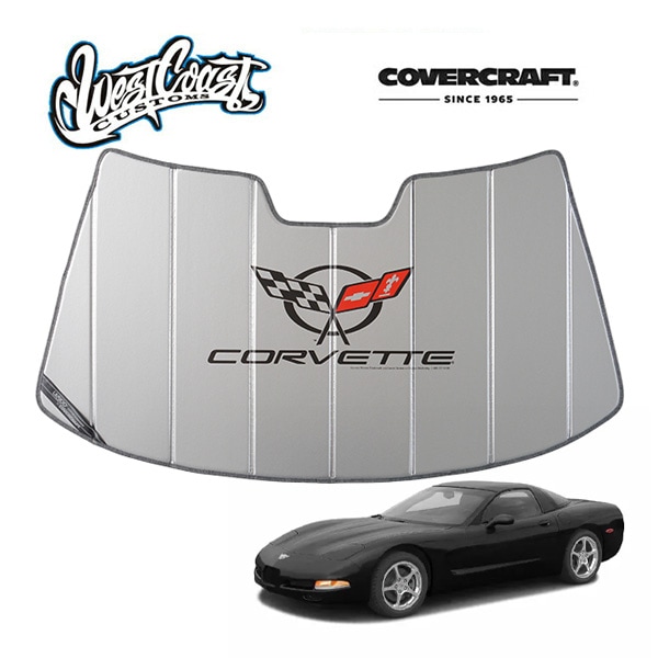 【West Coast Customs 正規品】専用設計 CoverCraft製 CORVETTE クロスフラッグ ロゴ入 サンシェード シルバー 吸盤不要 折りたたみ式  97-04y シボレー コルベット クーペ ハードトップ コンバーチブル C5 カバークラフト ウエストコーストカスタムズ別注 ライセンス品 