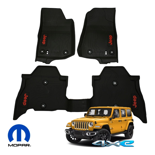 MOPAR純正 ジープ JL ラングラーアンリミテッド 4xe 左ハンドル/右ハンドル共通 オールウェザー ラバーマット ラバーフロアマット フロント リア 1台分 4枚セット JEEPロゴ入 ブラック 82216624AB