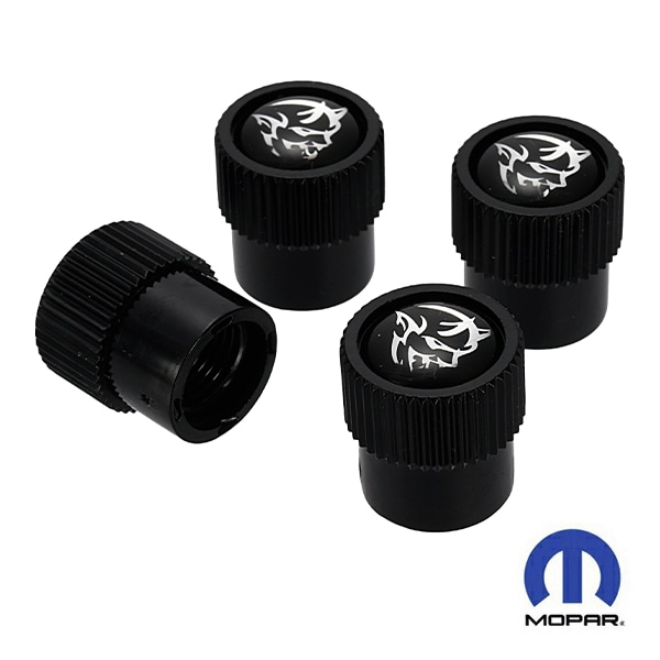 MOPAR純正 エアバルブキャップ 1台分 4個セット デーモン Demonロゴ ブラック 樹脂製ステッカー ダッジ チャレンジャー 他 汎用