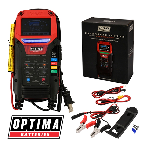 【OPTIMA 正規品】12V バッテリーチャージャー&メンテナー Digital 400+ AGM リチウムバッテリー対応 バッテリー充電器 滑り止めグリップ付 LED作業灯付 USB充電ポート付 12アンペア充電 逆流防止 過熱保護 オプティマ