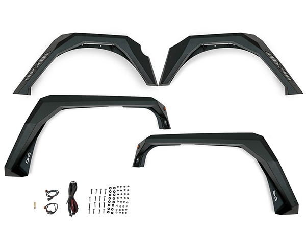 【DV8 OFFROAD 正規品】アーマーフェンダーフレア FDJK-09 フロント リア 1台分 左右セット アンバーライト付 DV8ロゴ入 スチール/アルミメッシュ製 ブラックパウダーコート仕上げ ジープ JK ラングラー2ドア | JK ラングラー アンリミテッド 4ドア