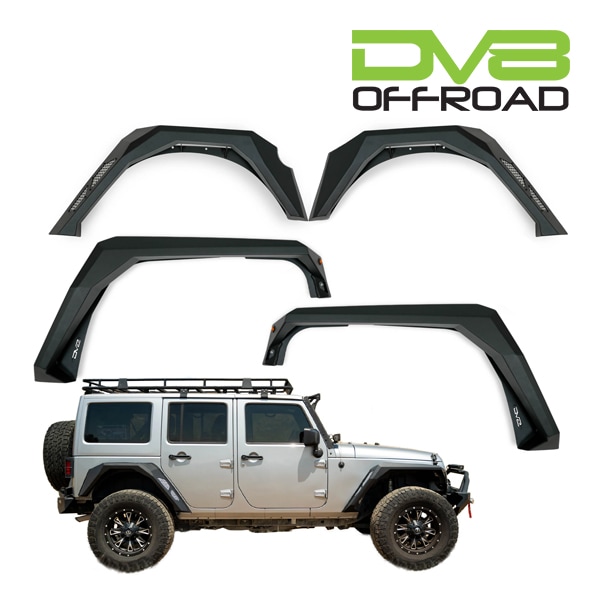 【DV8 OFFROAD 正規品】アーマーフェンダーフレア FDJK-09 フロント リア 1台分 左右セット アンバーライト付 DV8ロゴ入 スチール/アルミメッシュ製 ブラックパウダーコート仕上げ ジープ JK ラングラー2ドア | JK ラングラー アンリミテッド 4ドア