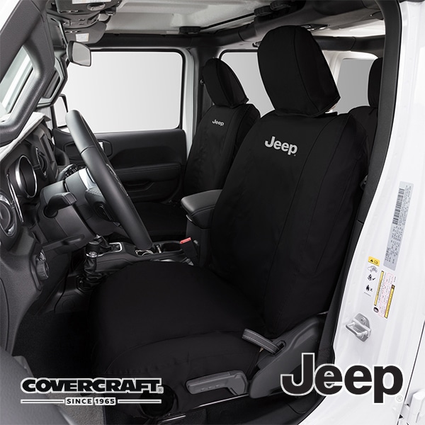 【Covercraft 正規品】シートカバー Jeepロゴ入 ブラック 1stシート 左右分 フロント 運転席 助手席 ヘッドレスト 背もたれ 座面 センターアームレスト ジープ JLラングラー アンリミテッド/サハラ/ルビコン/4xe | JT グラディエーター カバークラフト