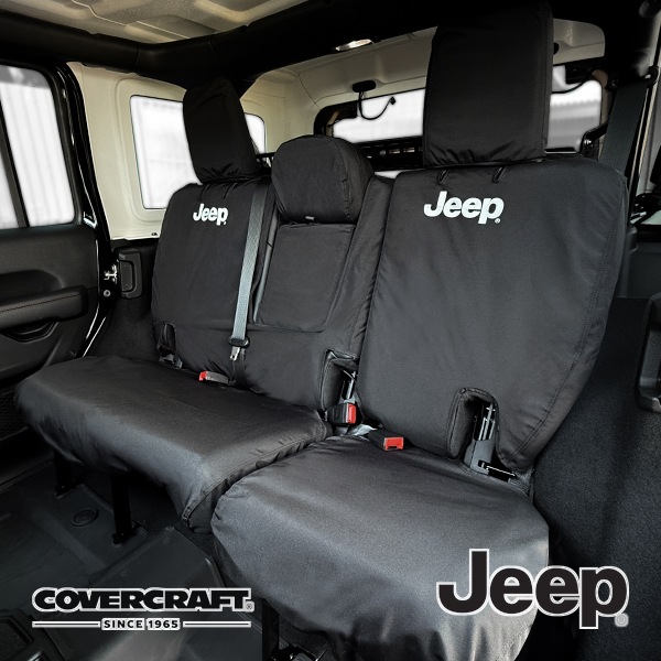 【Covercraft 正規品】シートカバー Jeepロゴ入 ブラック 2ndシート リア 6:4分割シート ヘッドレスト 背もたれ 座面 センターアームレスト ジープ JLラングラー アンリミテッド/サハラ/ルビコン/4ドア カバークラフト