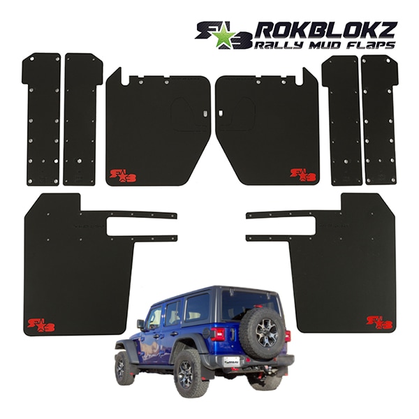 【ROKBLOKZ 正規品】クイックリリースマッドフラップ 泥除け マッドフラップ マッドガード ブラック T416 フロント リア 1台分 4枚セット R★B レッドロゴ入 ポリウレタン製 ジープ JL ラングラー ロックブロック
