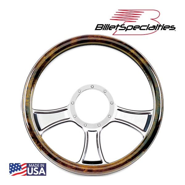 【Billet Specialties 正規品】14インチ ステアリングホイール シケインポール ステアリング ハーフラップ セット バールウッド調グリップ ビレットアルミニウム製 汎用 9穴ステアリングホイール装着可能車用 ビレットスペシャリティーズ ◇
