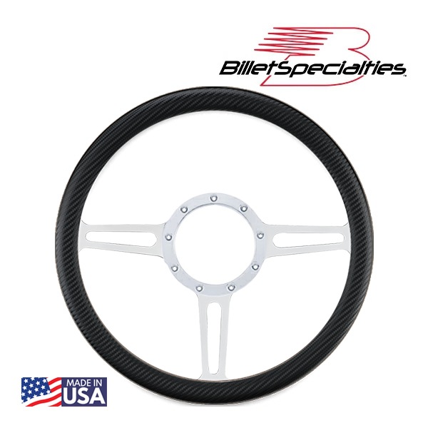 【Billet Specialties 正規品】14インチ ステアリングホイール スプリットスポークポール ステアリング ハーフラップ セット カーボンファイバーエンボスビニールレザーグリップ ビレットアルミニウム 汎用 9穴ステアリングホイール装着可能車用 ビレットスペシャリティーズ
