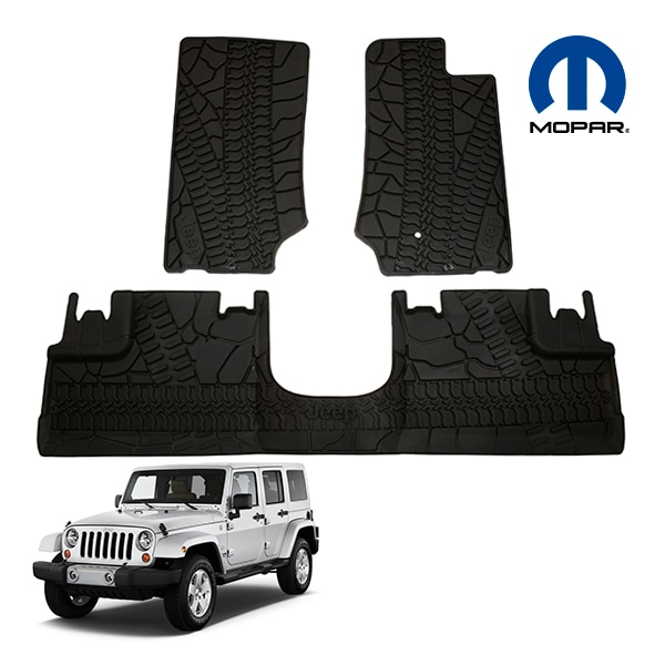 UK MOPAR純正 ジープ JK ラングラー アンリミテッド 4ドア 右ハンドル車用 オールウェザー フロアマット ラバーマット ブラック JEEPロゴ タイヤマーク入 フロント リア 1台分 3枚セット TPE素材 オールウェザー対応 モパー