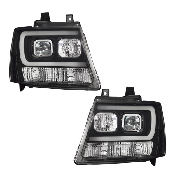 07-14y シボレー タホ サバーバン プロジェクターヘッドライト ヘッドランプ ハロゲン ブラック DRL Style バルブ付 左右セット 日本仕様 日本光軸 左側走行用