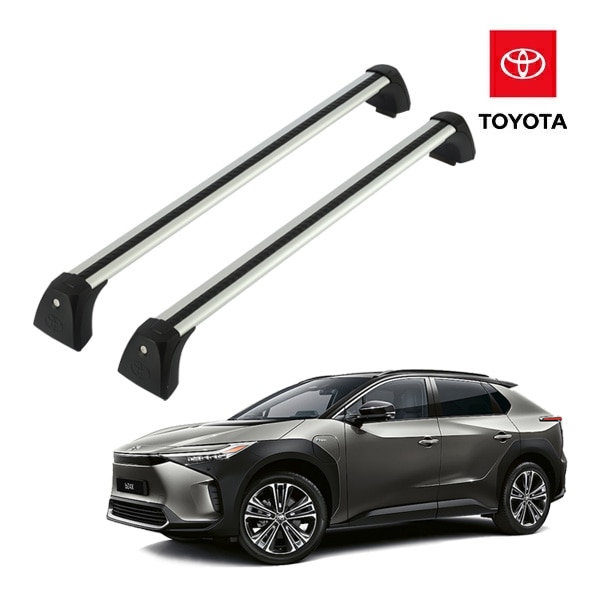 UKトヨタ純正 TOYOTA bZ4X ルーフレール付き車両用 令和4年-現行 ルーフラック クロスバー ルーフキャリア ベースキャリア 1台分 2本セット シルバー アルミ製 サイドカバー キー付