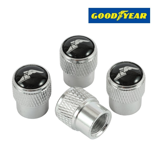 【GOODYEAR 正規品】 エアバルブキャップ 1台分 4個セット ウイングフット ホワイトロゴ シルバー 樹脂製ステッカー グッドイヤー
