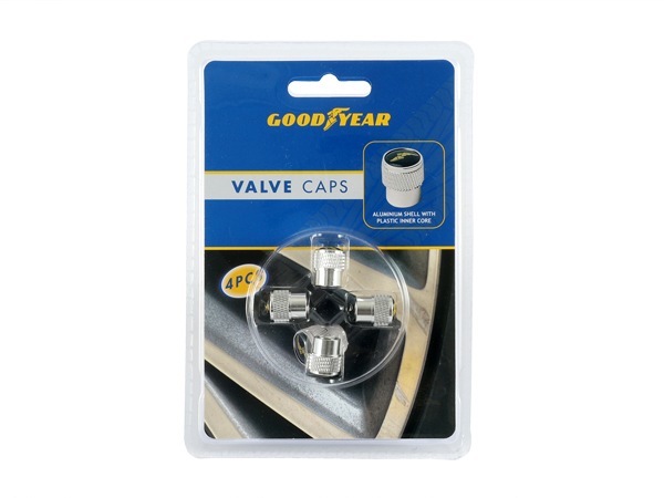【GOODYEAR 正規品】 エアバルブキャップ 1台分 4個セット ウイングフット イエローロゴ シルバー 樹脂製ステッカー グッドイヤー