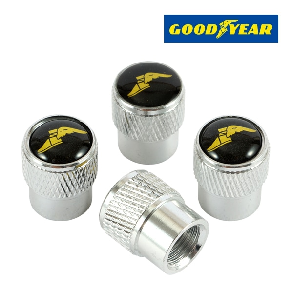 【GOODYEAR 正規品】 エアバルブキャップ 1台分 4個セット ウイングフット イエローロゴ シルバー 樹脂製ステッカー グッドイヤー