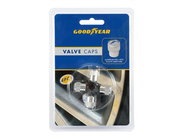 【GOODYEAR 正規品】 エアバルブキャップ 1台分 4個セット ウイングフット ブルーロゴ シルバー 樹脂製ステッカー グッドイヤー