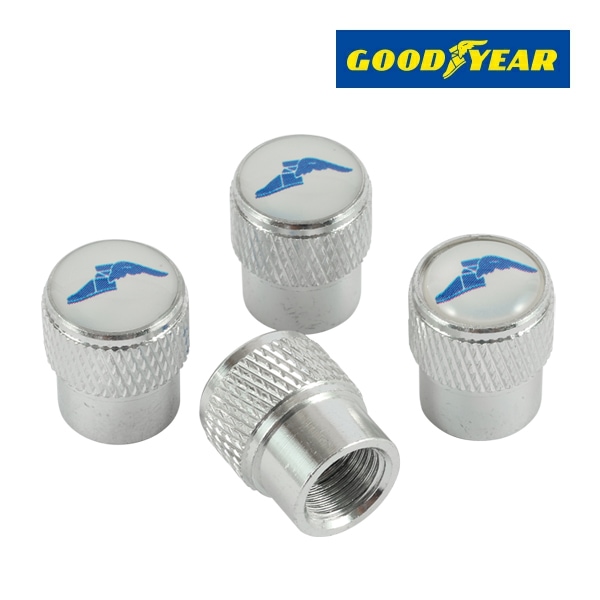 【GOODYEAR 正規品】 エアバルブキャップ 1台分 4個セット ウイングフット ブルーロゴ シルバー 樹脂製ステッカー グッドイヤー