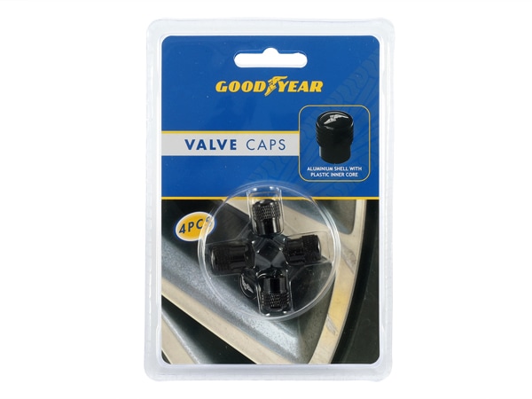 【GOODYEAR 正規品】 エアバルブキャップ 1台分 4個セット ウイングフット ホワイトロゴ ブラック 樹脂製ステッカー グッドイヤー
