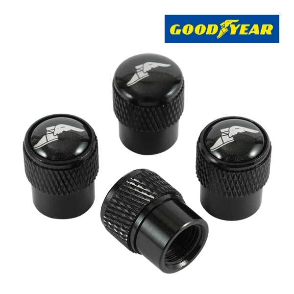 【GOODYEAR 正規品】 エアバルブキャップ 1台分 4個セット ウイングフット ホワイトロゴ ブラック 樹脂製ステッカー グッドイヤー