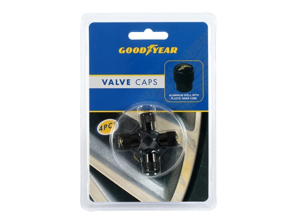 【GOODYEAR 正規品】 エアバルブキャップ 1台分 4個セット ウイングフット イエローロゴ ブラック 樹脂製ステッカー グッドイヤー