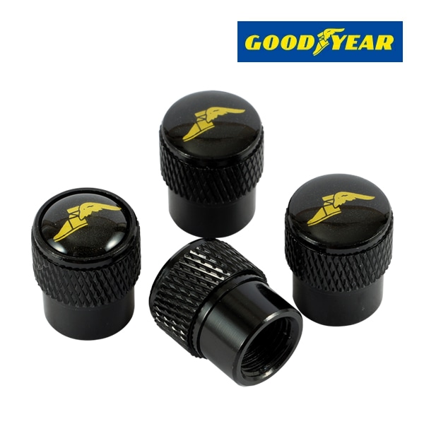【GOODYEAR 正規品】 エアバルブキャップ 1台分 4個セット ウイングフット イエローロゴ ブラック 樹脂製ステッカー グッドイヤー