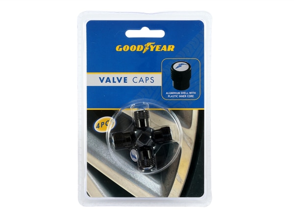 【GOODYEAR 正規品】 エアバルブキャップ 1台分 4個セット ウイングフット ブルーロゴ ブラック 樹脂製ステッカー グッドイヤー
