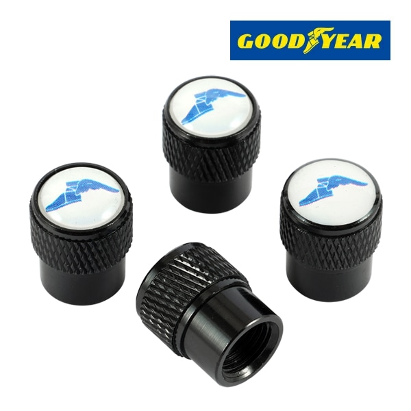 【GOODYEAR 正規品】 エアバルブキャップ 1台分 4個セット ウイングフット ブルーロゴ ブラック 樹脂製ステッカー グッドイヤー