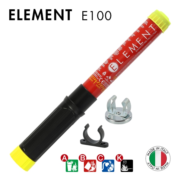 ELEMENT スティック型消火器 + マグネットクリップマウントセット E100 サイズ 33x3.2cm 重さ360g 噴射時間100秒 2025年製造 使用期限15年 メンテナンス不要 後片付け不要 残留物ゼロ エアゾール 軽量 コンパクト 初期消火 簡易消火器具