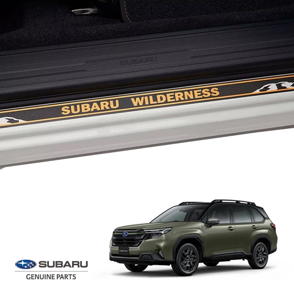 USスバル純正 SUBARU フォレスター SL系 令和7年4月-現行 シルプレート 1台分 フロント 左右 2枚セット マットブラック SUBARU WILDERNESSロゴ入 ドアシル サイドシルプレート プロテクター スカッフガード スカッフプレート US仕様 北米仕様 USDM
