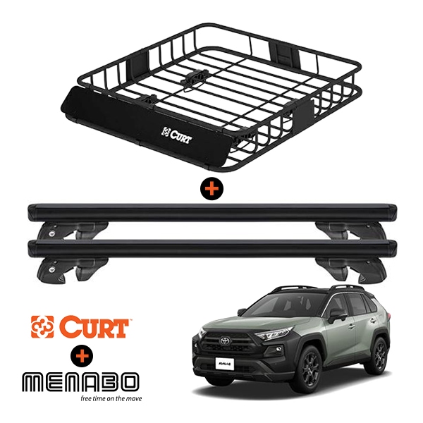 【MENABO / CURT 正規品】トヨタ TOYOTA RAV4 50系 アドベンチャー OFFROAD package ベースキャリア + ルーフラック セット ルーフキャリア クロスレール クロスバー 1台分 2本セット ブラック アルミニウム スチール ABS樹脂製 高さ 28mm×幅 80mm×長さ 1225mm 耐荷重 50kg