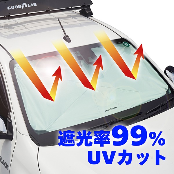 【GOODYEAR 正規品】プレミアム サンシェード Radi-Cool 傘型 Lサイズ 150x90cm GOODYEARロゴ入 折りたたみ傘 サンバイザー固定 ケース付 遮光率99.9% 汎用 グッドイヤー