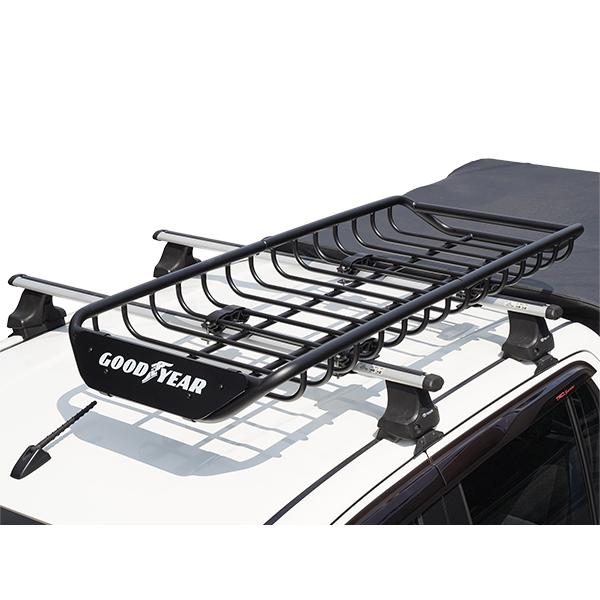 【GOODYEAR 正規品】スチール ルーフラック SKINNY PRO 1470mm×590mm×124mm 耐荷重75kg ブラック 組み立て式 GOOD YEARロゴ入り ルーフキャリア バスケット ベースキャリア カーゴネット 汎用 ベース/クロスバー 別途要