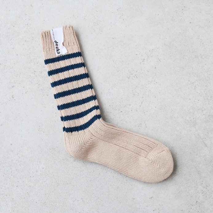 decka quality socks デカクォリティソックス｜Heavy weight socks/Stripe ベージュ×ネイビー(ブルー)