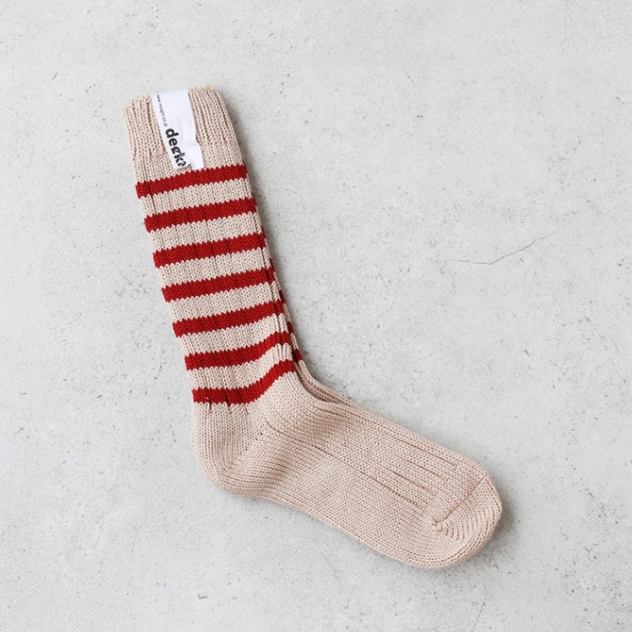 decka quality socks デカクォリティソックス｜Heavy weight socks/Stripe ベージュ×レッド