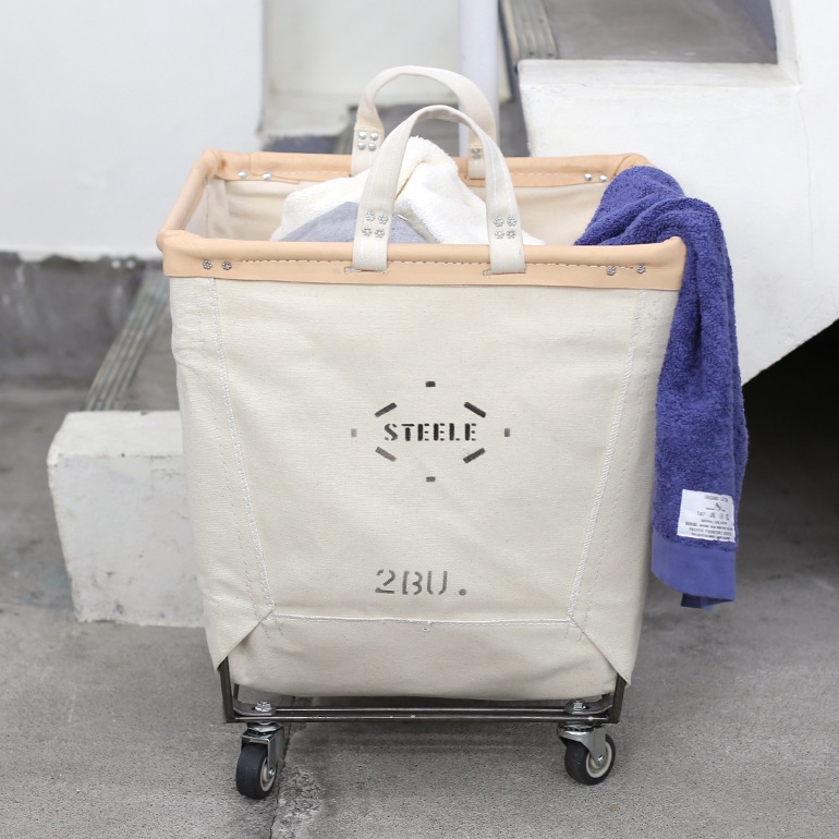 STEELE CANVAS BASKET スチールキャンバスバスケット｜SQUARE CASTER BASKET #185 2bu (white × tan leather rim)